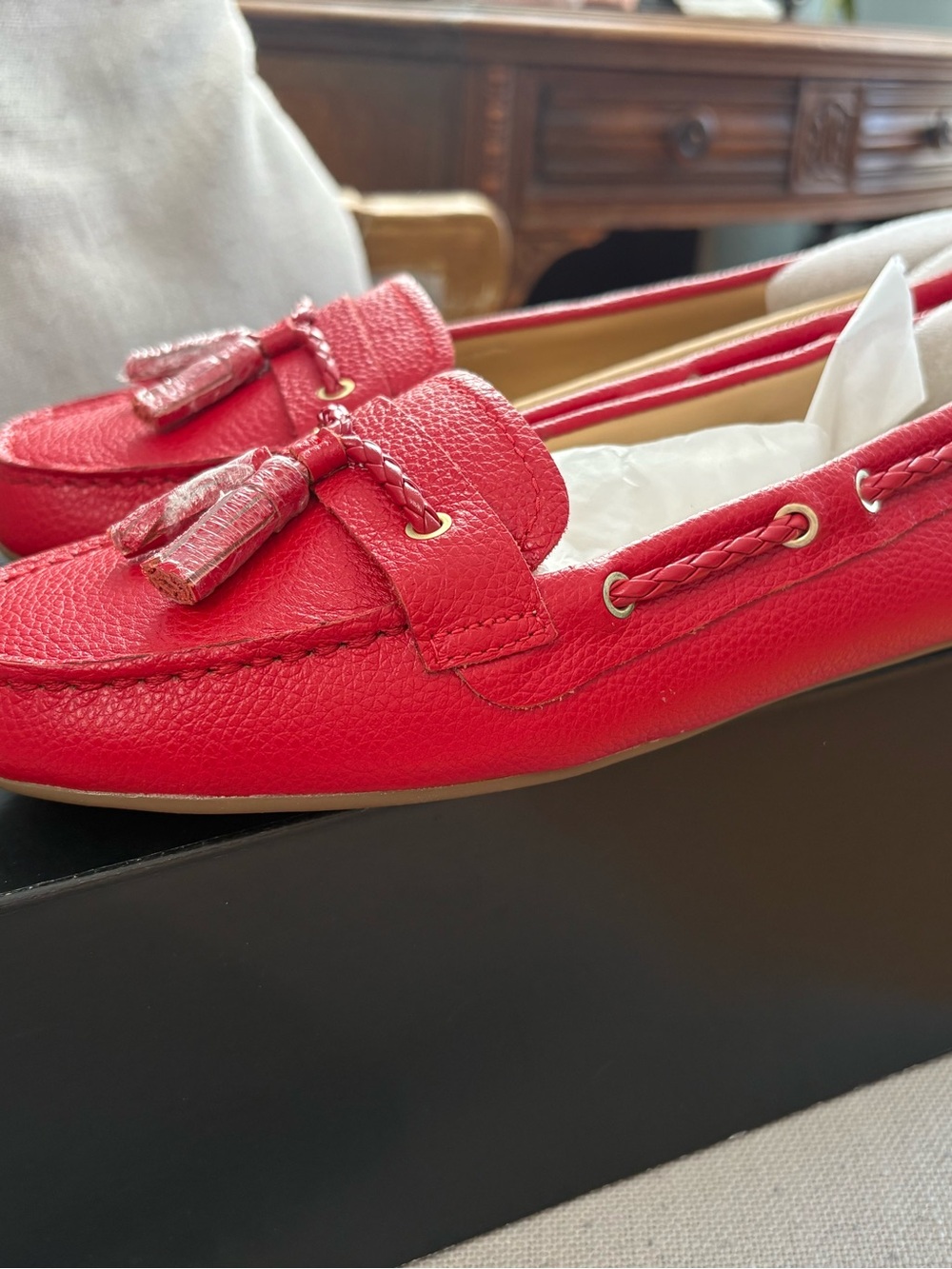 New Talbots Red Leather Tassel Driving Moccasins - Picture 6 of 11